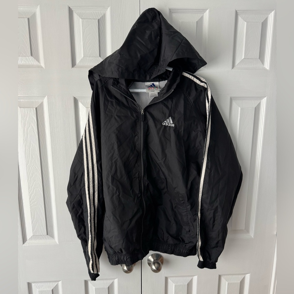 Vintage Adidas Black Windbreaker Jacket Large - Hood, 3 Stripes, Mesh Airflow L